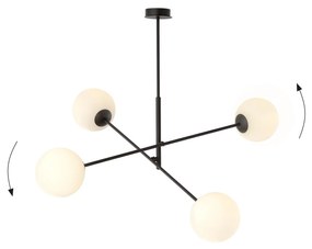 Lampadario 4 Luci Linear In Acciao Nero Con Bracci Regolabili E Vetro Opale