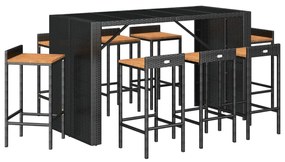 Set Bar Giardino 9 pz Nero Polyrattan e Legno Massello Acacia