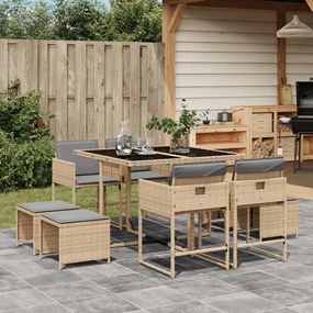 Set Pranzo da Giardino 9 pz con Cuscini Beige Misto Polyrattan