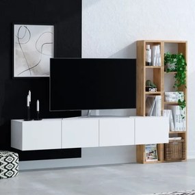 Mobile Porta TV Sospeso 182 Cm Bianco Con Libreria Effetto Legno Pana