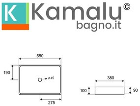 Kamalu - lavabo appoggio rettangolare in acciaio finitura gun metal | ksa-550gm