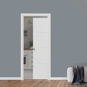 Porta interna scorrevole Threelines in MDF laccato colore bianco, L 80 x H 210 cm, apertura reversibile