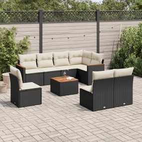 Set divani da giardino 9 pz con cuscini nero in polyrattan