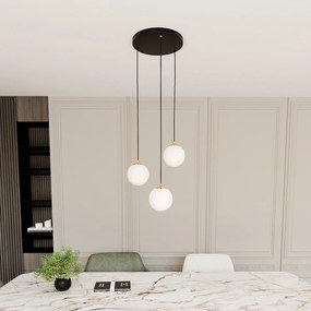 Sospensione Contemporanea Nuada 3 Luci In Acciaio Nero/Oro Sfere Vetro Bianco
