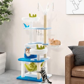 Costway Albero per gatti a tema oceanico con pali tiragraffi in sisal cuccia piattaforma amaca, Torre tiragraffi per gatti Blu