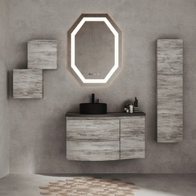 Mobile Bagno Sospeso Curvo 105 Cm Due Cassetti Un'Anta Specchio Con Illuminazione Led 75x100 Cm Savini Due "Dolce Vita" Grigio Scuro/Grigio Antico