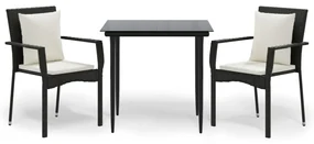 Set da pranzo da giardino 3 pz con cuscini nero in polyrattan