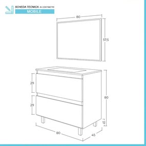 Mobiletto bagno a terra 80 cm 2 cassetti serie Oasi rovere con specchio e lavabo