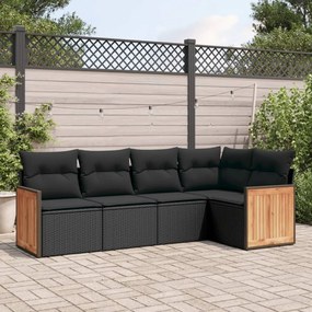 Set divani da giardino 5 pz con cuscini in polyrattan nero