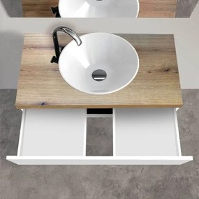 Mobile Bagno Sospeso 80 Cm Con Lavabo E Specchio Bianco Lucido Top Rovere Rio