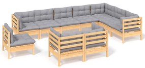Set divani da giardino 10 pz con cuscini grigi massello di pino