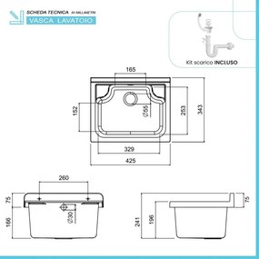 Mobile lavatoio salvaspazio 42x34 cm vasca completa di kit di scarico
