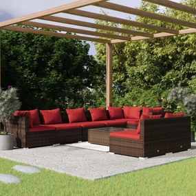 Set Divani da Giardino 9 pz con Cuscini in Polyrattan Marrone