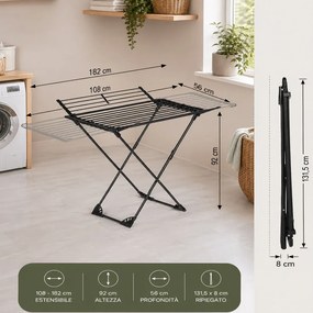 Stendibiancheria Allungabile 108-182 cm Stendino Salvaspazio Capacità 20 kg Estensibile in Ferro e PP Nero...