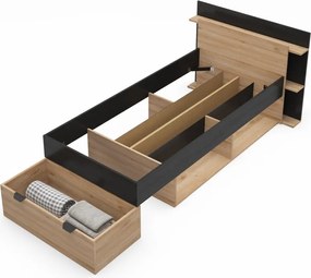 Letto singolo effetto rovere con contenitore senza griglia in colore nero-naturale 90x200 cm Albo - Marckeric