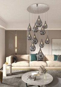 Lampadario Contemporaneo Drop 2.0 Metallo Cromo Vetro Fumè 12 Luci E27