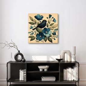 Quadro su tela – Uccellino su ramo con fiori blu