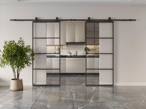 Porta scorrevole doppia con sistema esterno muro alluminio e vetro temp. trasparente 2xH205xL63cm  - SINCA II