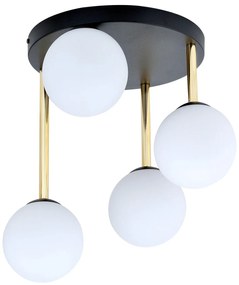 Plafoniera Contemporanea 4 Luci Teseo In Acciaio Nero Oro E Sfere Vetro Bianco