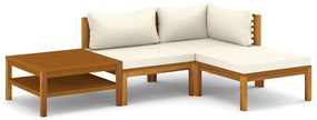 Set divani da giardino 4 pz con cuscini crema in legno acacia