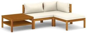 Set divani da giardino 4 pz con cuscini crema in legno acacia