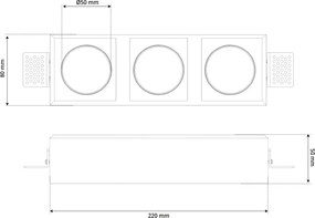 Portafaretto Rettangolare 220x80mm 3xGU10 in Gesso Pitturabile
