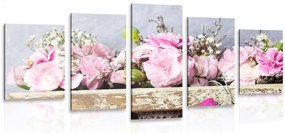 Quadri 5 pezzi – Fiori di garofano in cassetta di legno