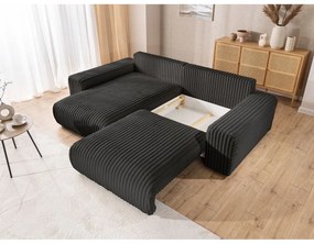 Divano angolare con penisola a sinistra grigio scuro e rivestimento in velluto a coste allungabile e con contenitore Sarina – Ropez