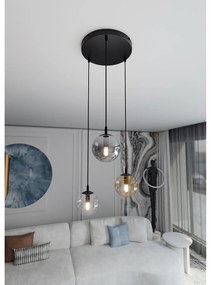 Sospensione 3 Luci Kali In Acciaio Nero Base Tonda E Sfere In Vetro Multicolor