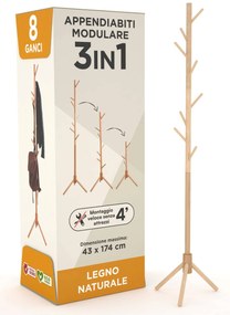 Appendiabiti in legno naturale, 8 ganci, modulare, 174 cm, Naturale