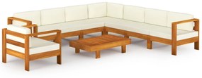 Set divani giardino 9 pz cuscini bianco crema in legno d&#039;acacia