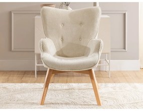 Poltrona con poggiapiedi beige con rivestimento in velluto a coste Niko – Ropez