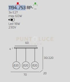 Sosp. cromo 3 luci rettangolare vetri piccoli bronzo 1194cr-s3 rp-br