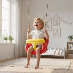 Altalena per Bambini 9-36 Mesi Regolabile 28x36x180 cm con Corde e Moschettoni in PE Rossa e Gialla...
