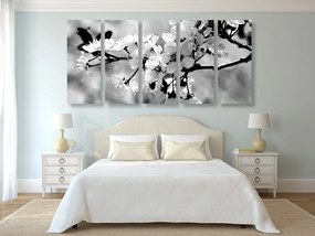 Quadri 5 pezzi – Fiore di ciliegio in bianco e nero