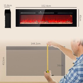 Camino Elettrico da Parete 1800W con Telecomando e Display LCD 152,4x15,8x45 cm Nero...