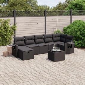 Set divani da giardino con cuscini 8 pz nero in polyrattan