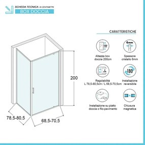 Box doccia angolare 80x70 cm con porta battente in cristallo serigrafato Ted