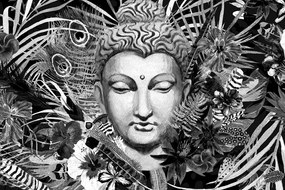 Quadro su tela – Buddha su sfondo esotico in bianco e nero