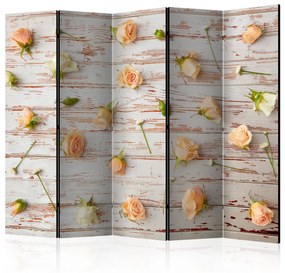 Paravento separè Legno e rose II (5 parti) - composizione fiori su assi