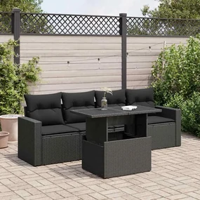 Set divani da giardino 5 pz con cuscini in polyrattan nero