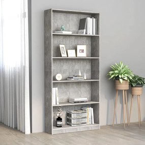 Libreria a 5 ripiani grigio cemento 80x24x175 cm in truciolato