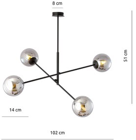 Lampadario 4 Luci Yama In Acciao Nero Con Bracci Regolabili E Vetro Fumè