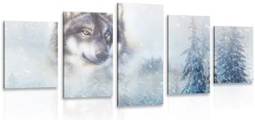 Quadri 5 pezzi – Lupo nel paesaggio innevato