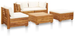 Set divani giardino 5 pz con cuscini legno acacia bianco crema