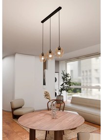 Lampadario 3 Luci Fuxi In Acciaio Nero E Vetri Ambra