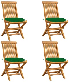 Sedie da Giardino con Cuscini Verdi 4 pz in Massello di Teak