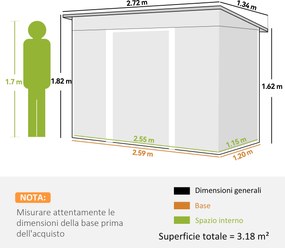 Casetta da Giardino 272x134 cm con Porte Scorrevoli Doppie e 2 Prese d'Aria in Acciaio Verde...