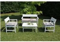 Set Salotto da Giardino Divano 2 Poltrone e Tavolino con Cuscini in Legno Bianco