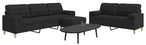 Set divani 3 pz con poggiapiedi e cuscini nero in tessuto